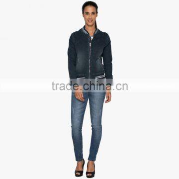 Blue Washed Women Plain Baseball Jacket Outdoor With Zipper Wholesale photo-2