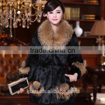 Hot selling korean real rex rabbit fur coat with raccoon fur collar low price pc-140