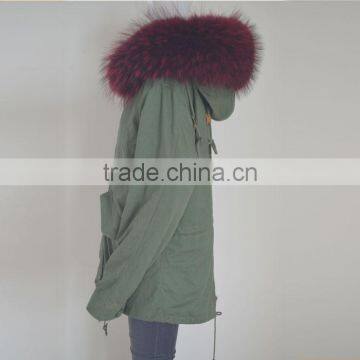 Myfur Latest Purplish Red Real Raccoon Fur Hood Faux Fur Lining Parka Wholesale photo-4