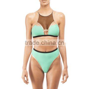 Polyester Bikini Flexible Backless Two Piece Hollow Transparent With Gauze Patchwork Solid Turquoise Blue Sold By Set photo-2