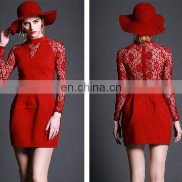 2015 European Style Women Dress / Red Lace up Skirt Long Sleeve photo-2
