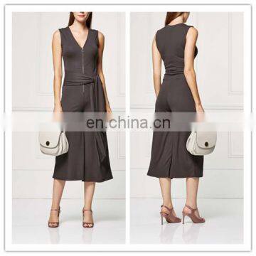 Spandex Knit Fabric Tie-waist Sleeveless Jumpsuit With Front Zip (17062001)