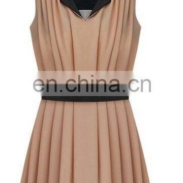 Sexy deep V neck sleeveless fashion women chiffon dress wiht black elasthan waistband