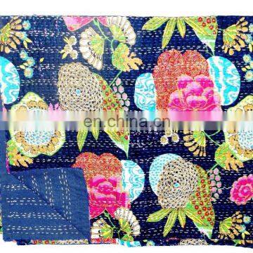 Vintage Floral Tropicana Kantha Gudari / Indian Reversible Kantha Stitch Cotton Blanket