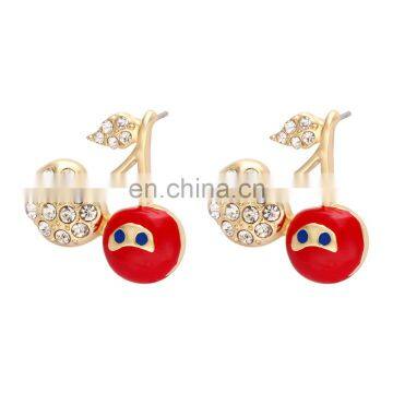 2017 New Style Fashion Jewelry Lovely Red Enamel Gold Cherry Stud Earrings With Crystal