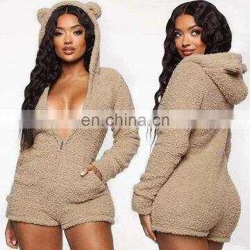 Wholesale Women Hooded long sleeve plush jumpsuit