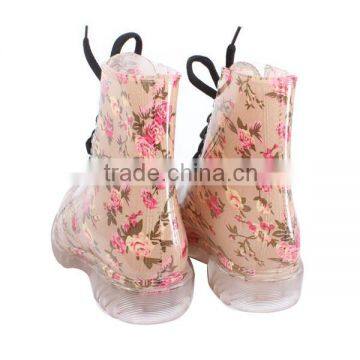 Floral Woman Lace up Martin Boots PVC Low Heel Ankle Rain Boots photo-4