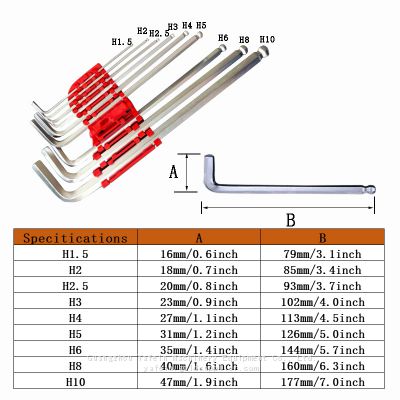 Ball head hexagon wrench set medium-length  9 pieces set of alloy steel material is durable and not easy to deform 0.06in-0.39in