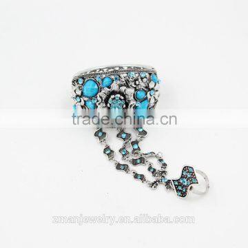 Rhinestone Alloy Metal Cuff Chain Link Finger Ring Silver Fashion Bracelet