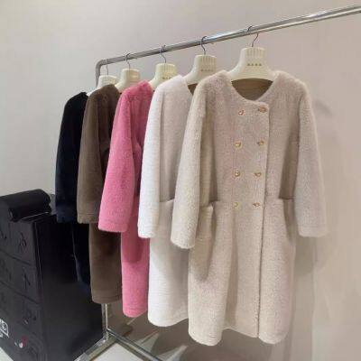Winter new mid-length faux mink fur one-piece eco-friendly fur double-breasted British-style fur coat