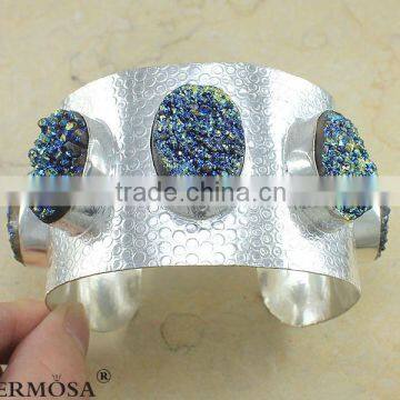 Hermosa Jewelry Nature Stone Blue Titanium Open Silver Adjustable Bangle Cuff