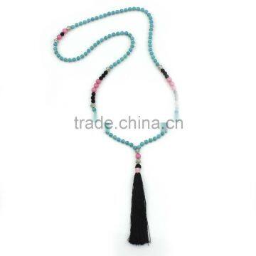 Original Natural Blue Turquoise Beads Jade Beads Alloy Beads Long Tassel Pendent Necklace