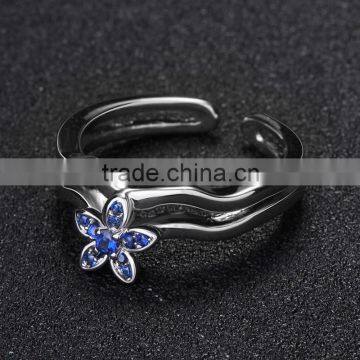 White Copper Jewelry Ring Blue Gemstone Setting Open Fashion Ring for Women photo-4