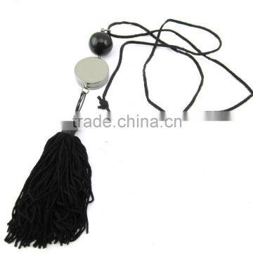 Metal round solid perfume container /lip gloss necklace, with tassels and ball of yarn, various design, OEM designs accepted.<D