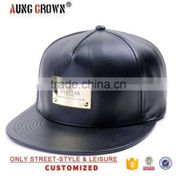 custom flat brim 5 panel black leather cap