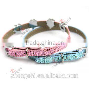 Baby blue glitter leather cats collar wholesale, shining blue leather cat collar
