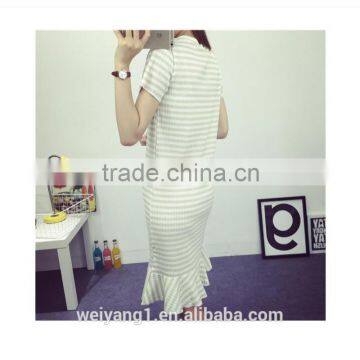 New Fashion Puffy Gray Striped Women One-piece Dress With Flouncing Hem