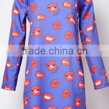 Light Blue Big Lips Print Long Sleeve Silk Dress new ladies dress