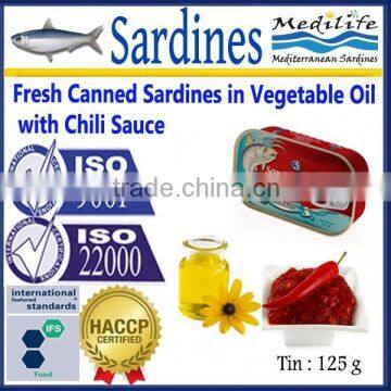 Fresh Canned Sardines in Vegetable Oil with Chili Sauce, High Quality Sardines,Sardines in cans with Chili Sauce125g