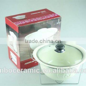 Ivory Oval Ceramic/porcelain Soup Tureen Pot Embossed With Glass Lid Metal Stand & Color Gift Box for Promotion photo-2