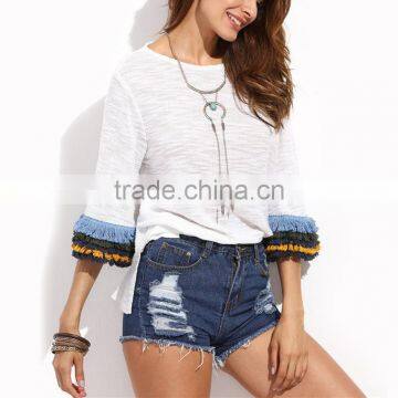 Womens Casual Clothing Summer T Shirt Tops Ladies Fringe Cuff Half Flare Sleeve T-shirt photo-4