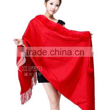 CX-B-P-34A Fur Trimmed Cape Fashion Fur Pashmina Shawl