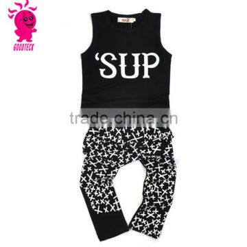 2016 Wholesale 2 pcs boy set in children clothes,black short sleeveless shirt and pants boys sets