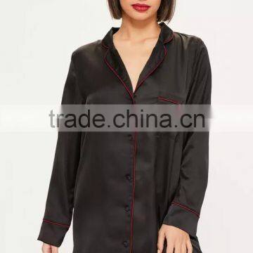 Floral Embroidered Bridal Shirt Sleepwear Black Satin Sleep Shirt Piping Button Longline Shirt Pyjamas With Curved Hem photo-3