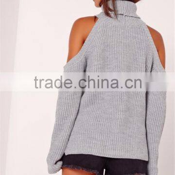 MGOO Custom Design Women Plain Knitwear Oversized Longline Ladies Sweater Chunky Cold Shoulder Jumper Grey photo-2