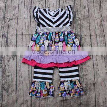 China Imports Clothing Colorful Feather Print Baby Outfits With Stripe Pants Boutique Girl Clothing photo-2