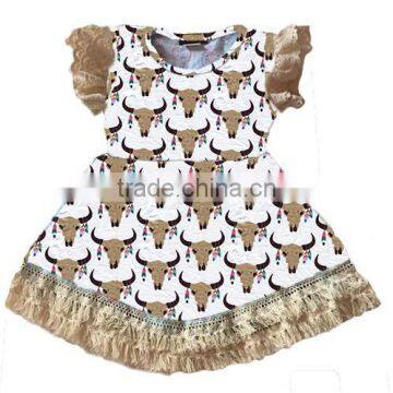 latest girls dress cotton lace short sleeve tauren pattern one piece baby dress tassels ruffles wholesale childrens dress