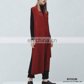 New arrival red color ladies sleeveless knitting pattern maxi cardigan with side slit hem