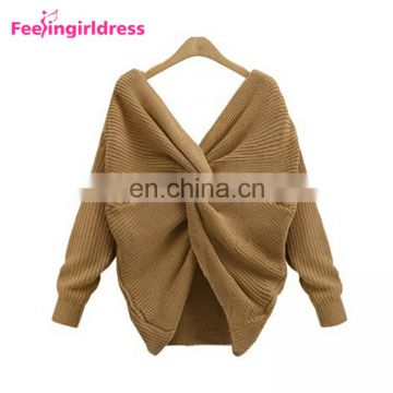 Winter Loose Bat Long Sleeve Fashion Knit Sweater Ladies Blouse Open Back