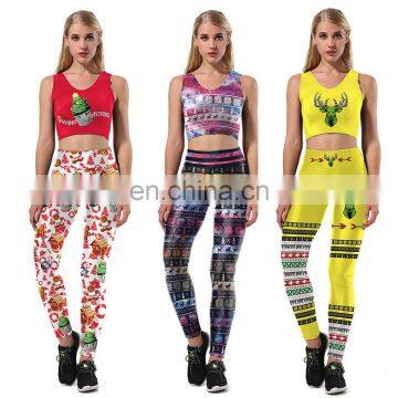 Women Wholesale Christamas 3D Print Seamless Crop Tank Top Bra/ Pants Leggings Fitness Clothes