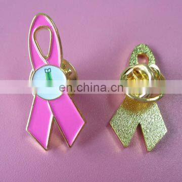 hot sale promotional pink ribbon badge custom color plated ribbon badge with customized printing logo