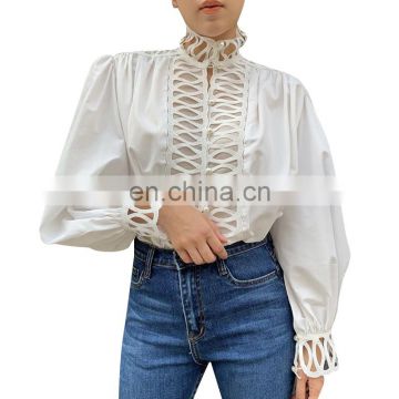 TWOTWINSTYLE White Hollow Out Women Shirt Turtleneck Lantern Sleeve 2020 Fashion Blouse