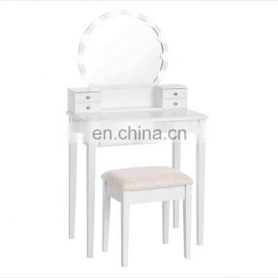 27.6 x 15.7 x 53.1 inches White dresser with mirror,10 light bulbs, stool, 5 drawers