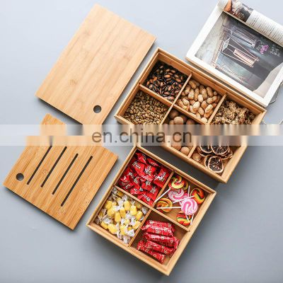 Bamboo Household Six Grid With Lid Dried Fruit Candy Melon Nut Assortment Box Snack Dry Food Storage Box Pantry Organizer