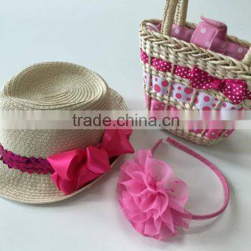 2016 straw hat with flower,straw bag and headbag girl set