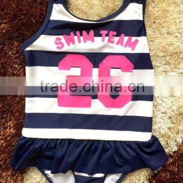 white and black stripes children swimwear,with a customized printing on front, one piece kids swimsuit,girls swimwear