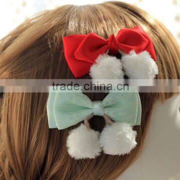 Lace Ribbon Bow Elastic Hair Band With Snowball,Chritsmas White Pom Pom Red Ribbon Hair Bow Hair Accessories