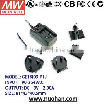 Meanwell 12 ~ 18 WAC-DC Single Output Interchangeable Wall-mounted type 18w switching power supply/9v 2a switching power supply