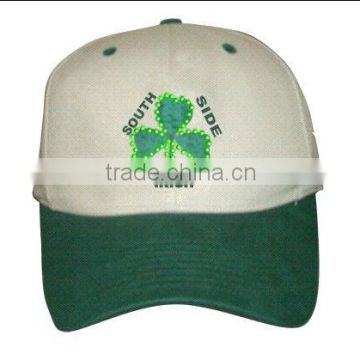 cheap&promotional fiber optic blinking white/green embroidery baseball cap with built-in led