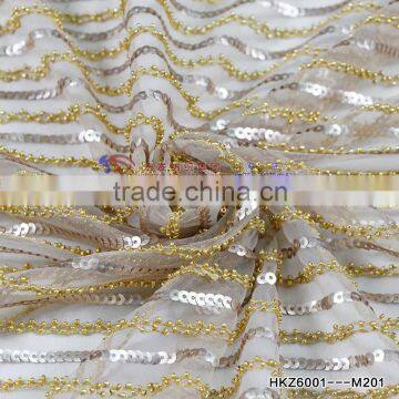 Stripe Handwork golden individual Bead Embroidery Fabric + 3D sliver 3mm Sequins Embroider Organza Mesh Fabric Free Sample