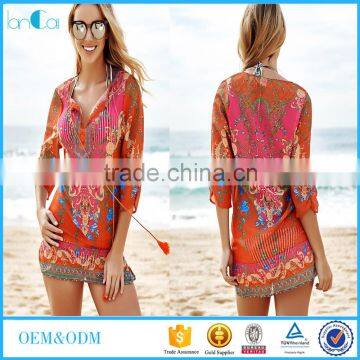 Bohemian Hippie 3/4 Sleeve V-Neck Printed Chiffon Women's Mini Dress