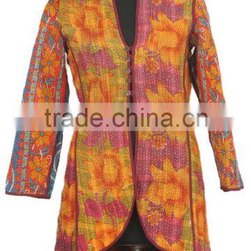 RTHCJ-9 Tropical Floral Style printed Full sleeve reversible long size cotton kantha Winter Jackets with buttons Jaipur