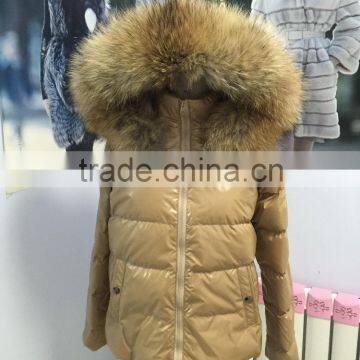 2015 new style feather down jacket with fox fur trim for hood