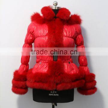 red down jacket with fox fur trim and fur hood /down coat /puffer jacket