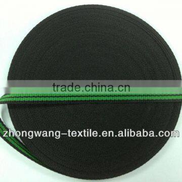 Black background polylester webbing with green stripes