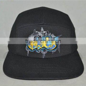 Guangzhou hat factory professional custom 5 panel 100% cotton embroidery + print logo Flat brim hat